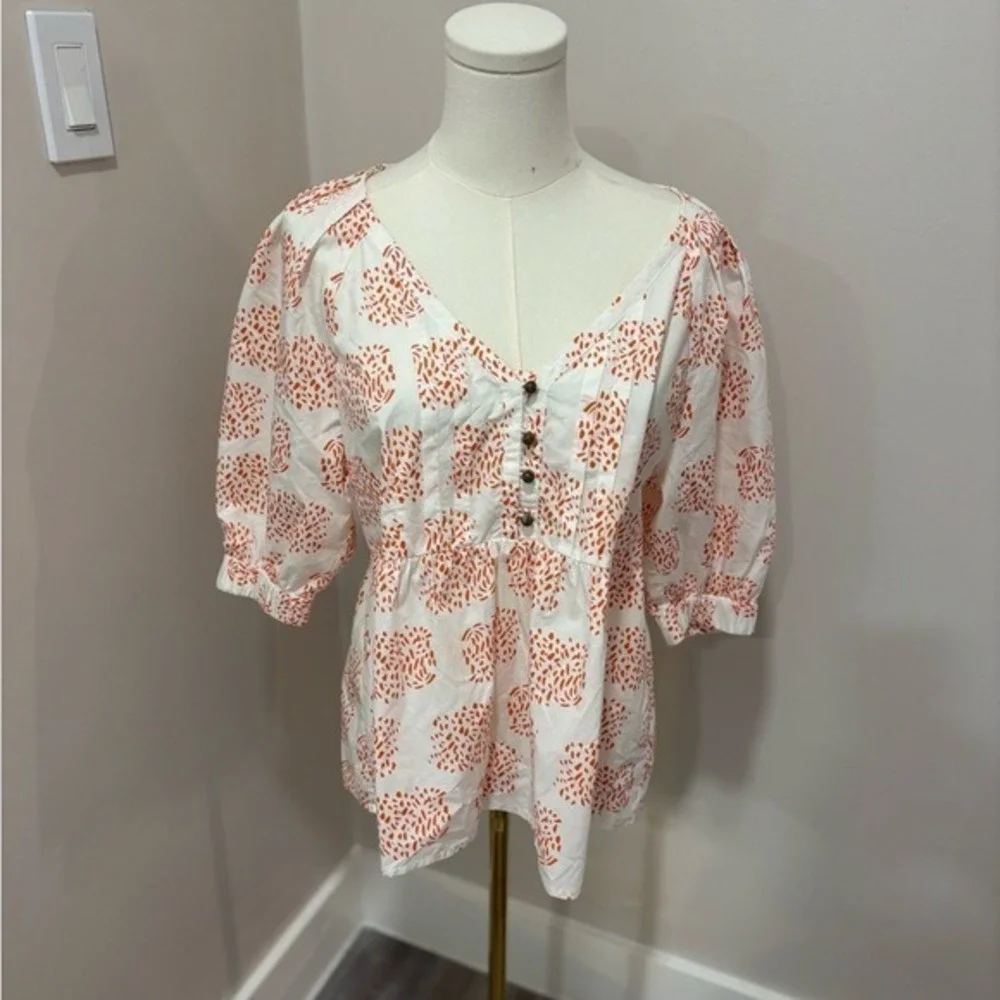 Anthropologie Moglea Orange White Abstract Print‎ Puff Sleeve Babydoll Top XS